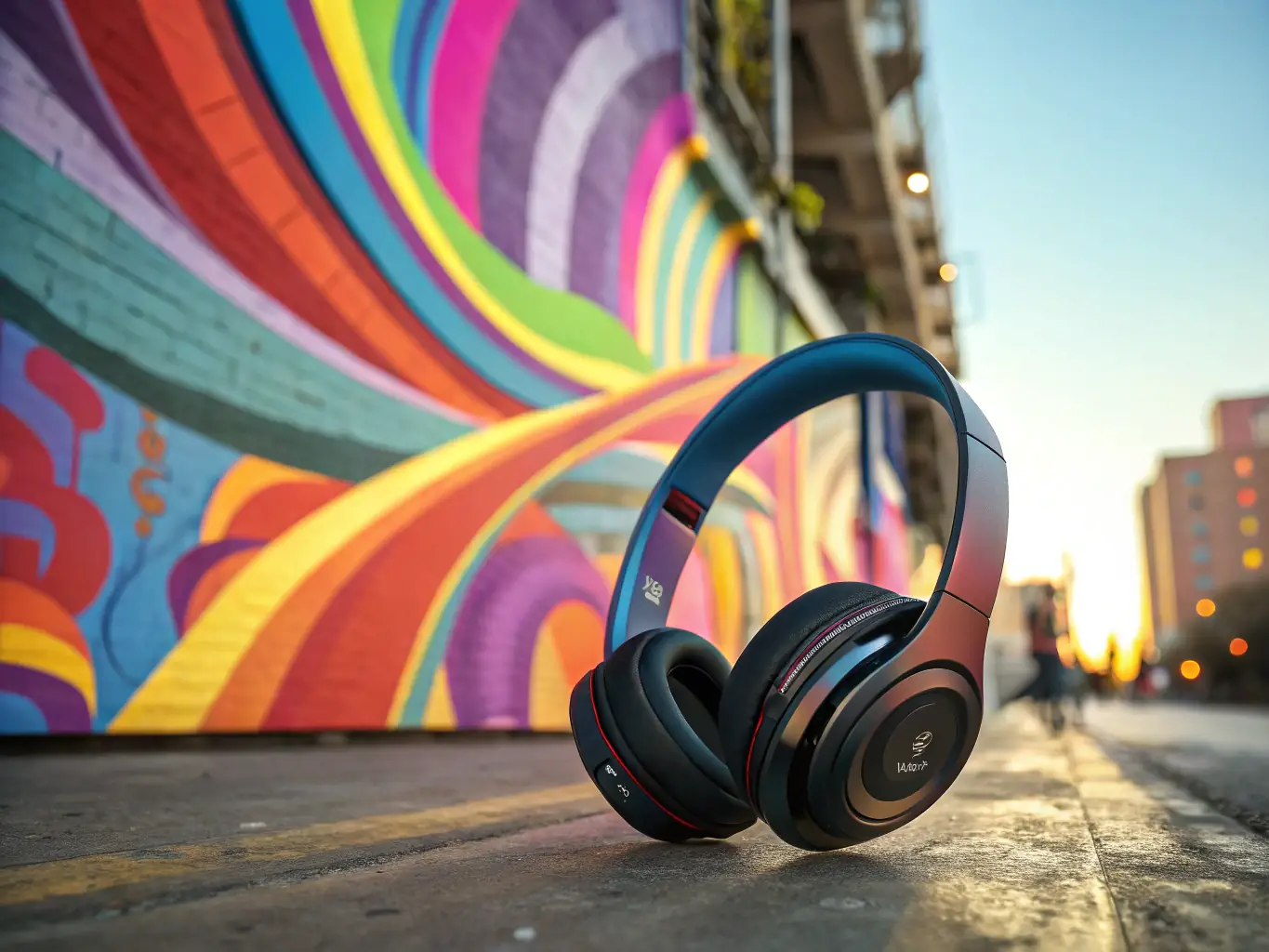 A pair of noise-cancelling headphones in a vibrant color, highlighting their comfortable earcups and sleek design, placed on a desk with a laptop in the background.