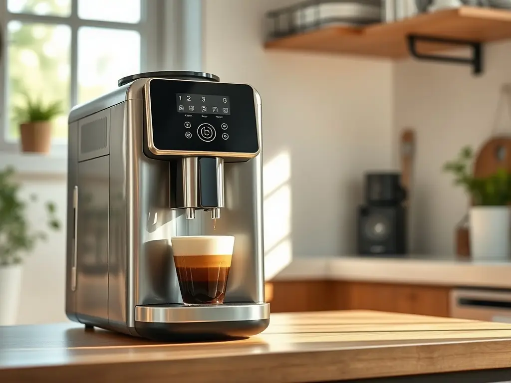 A person using a high-end coffee machine in a modern kitchen, highlighting the convenience and quality of the appliance, available through MyFlexiCart's affiliate links.