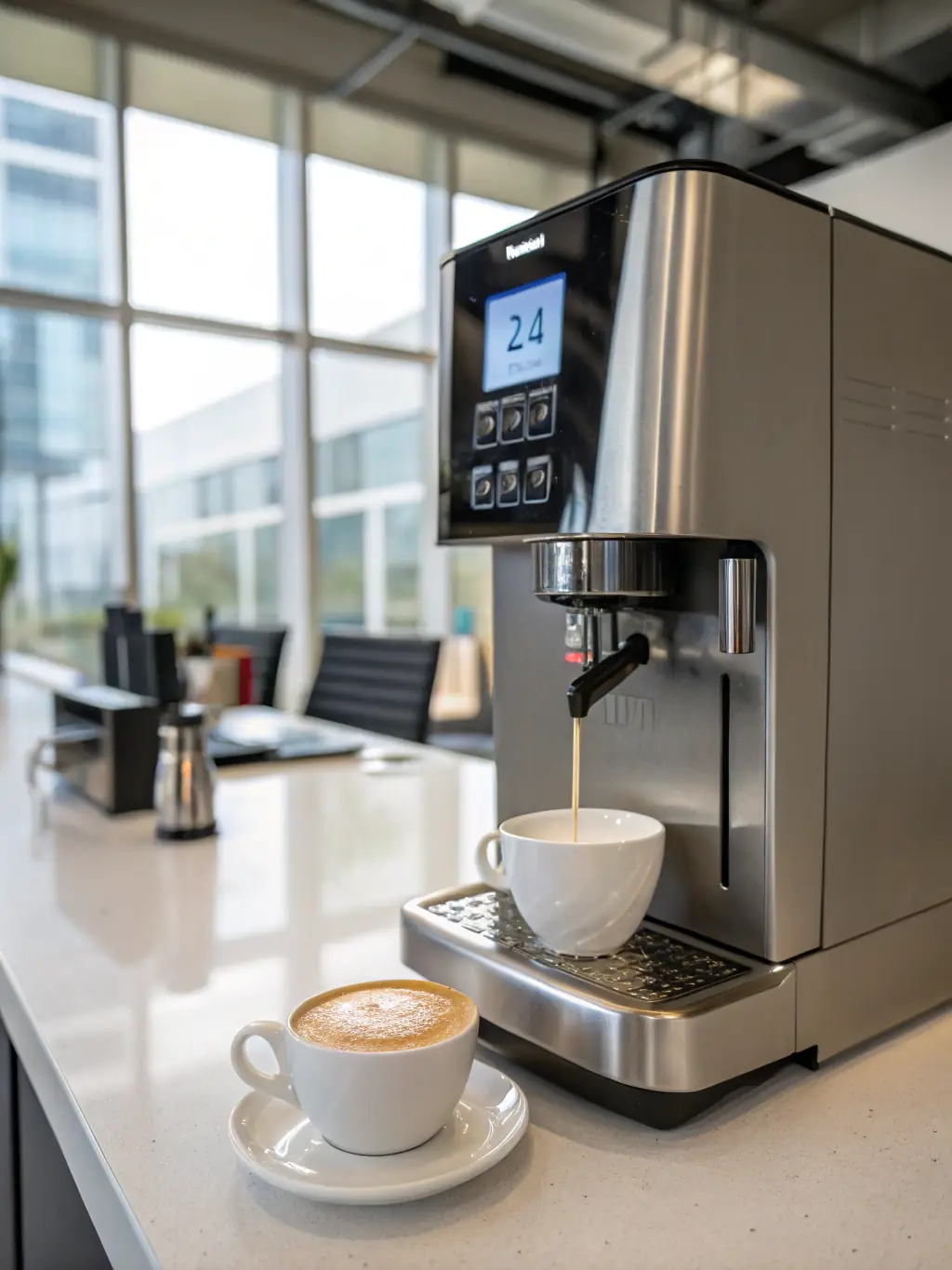 A detailed image of a state-of-the-art coffee machine with a built-in grinder, showcasing its ability to brew fresh, aromatic coffee, in a stylish kitchen environment.