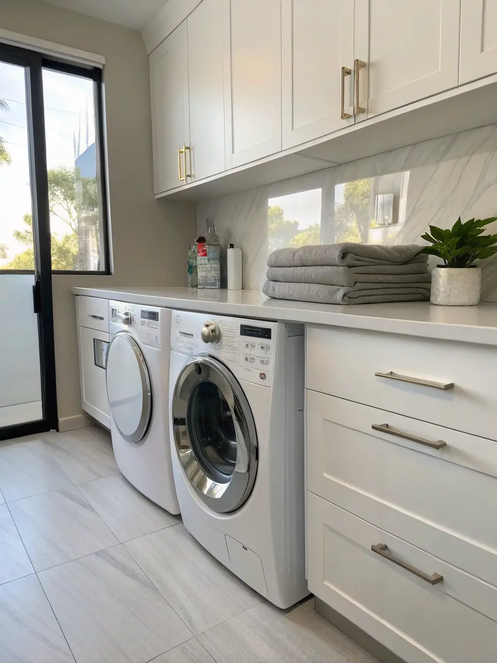 A clear, bright image of a high-efficiency washing machine with a digital display, highlighting its energy-saving features and large capacity, in a laundry room setting.