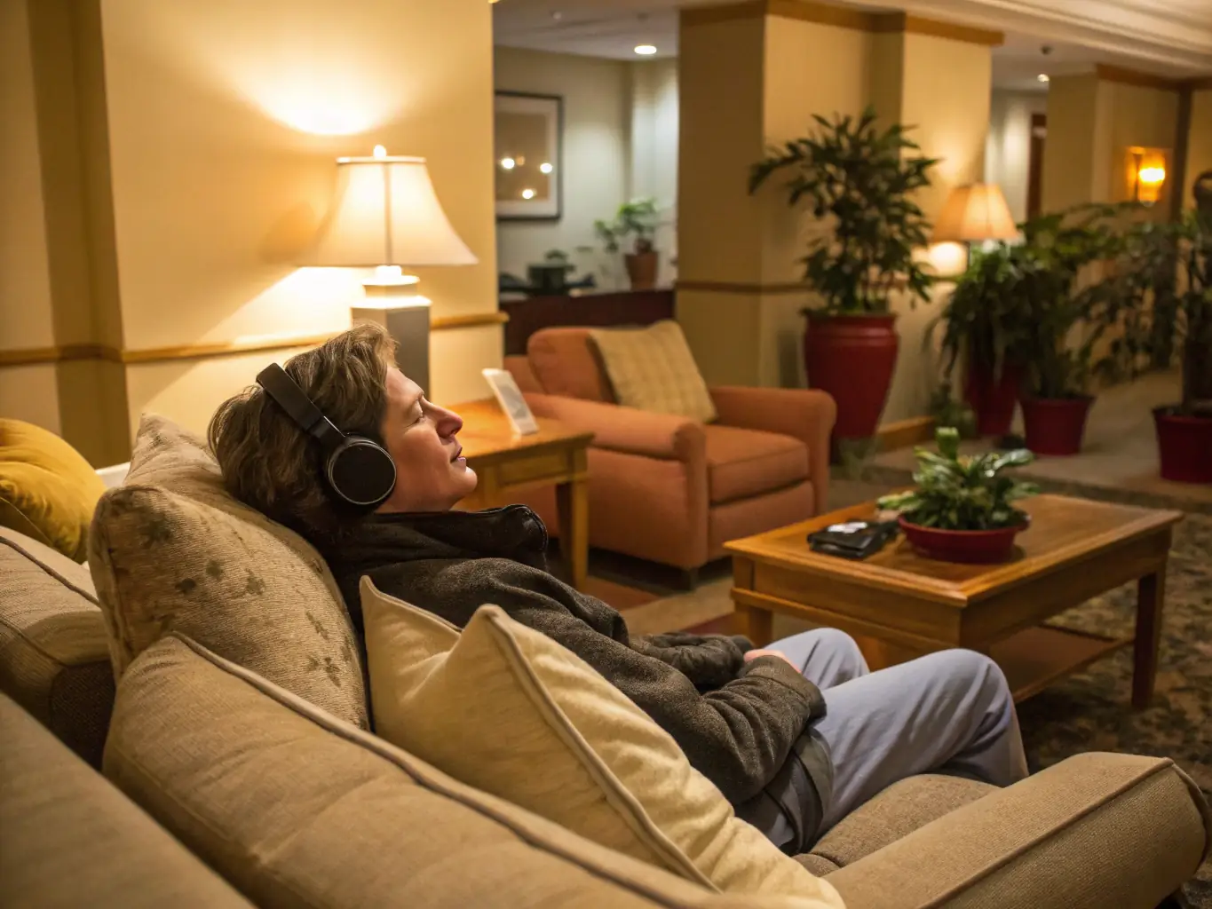 A person using high-quality noise-canceling headphones in a cozy, well-lit room, emphasizing the comfort and immersive experience provided by the headphones, available through MyFlexiCart's affiliate links.