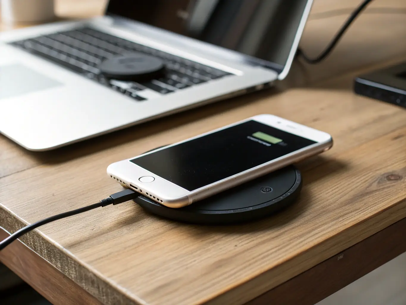 A sleek, modern wireless charging stand with a smartphone resting on it, showcasing its minimalist design and functionality in a home setting.